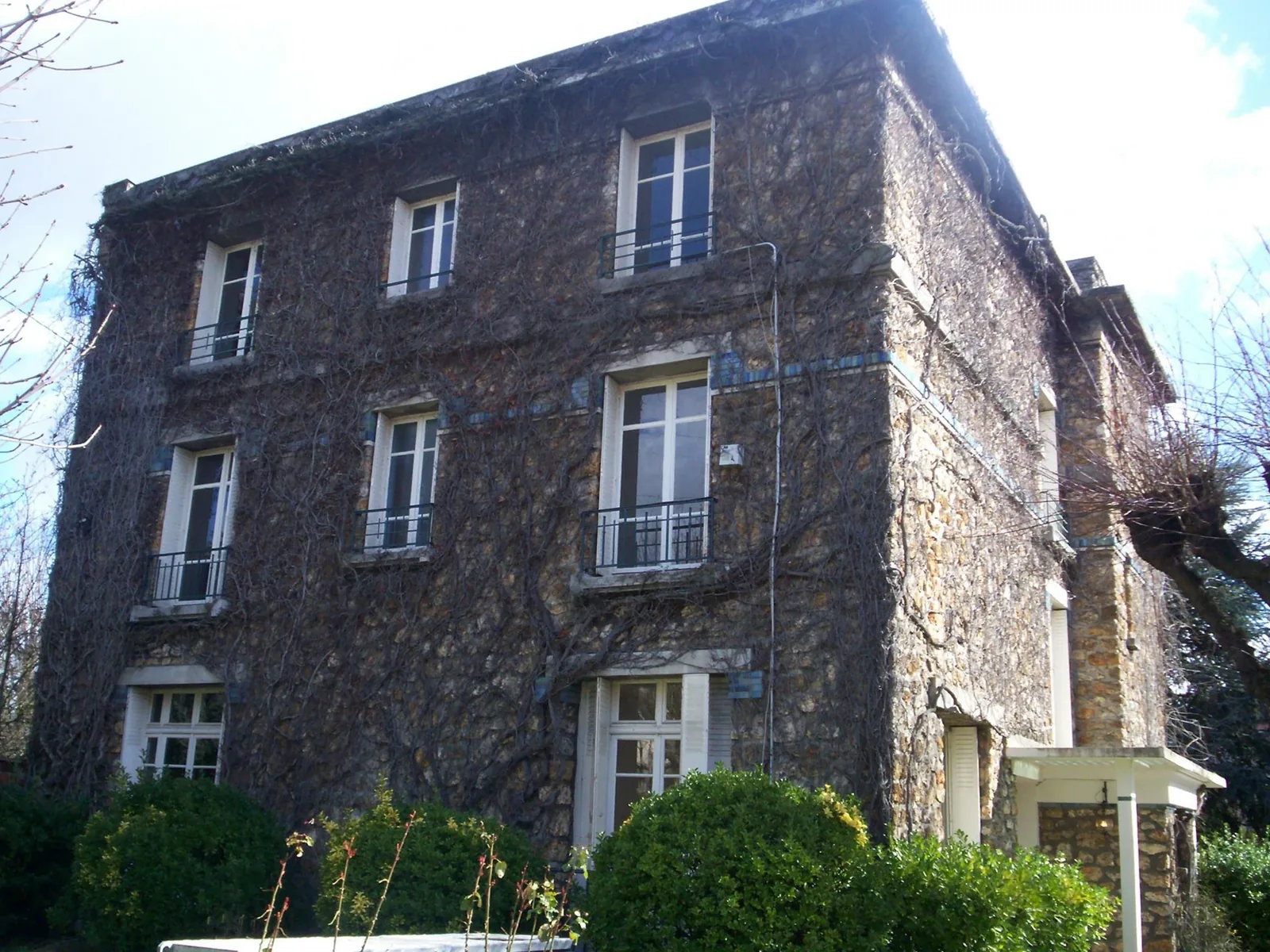 Façade d'une maison ancienne en pierre à Montesson avant travaux, largement recouverte de végétation grimpante Façade d'une maison ancienne en pierre à Montesson avant travaux, largement recouverte de végétation grimpante